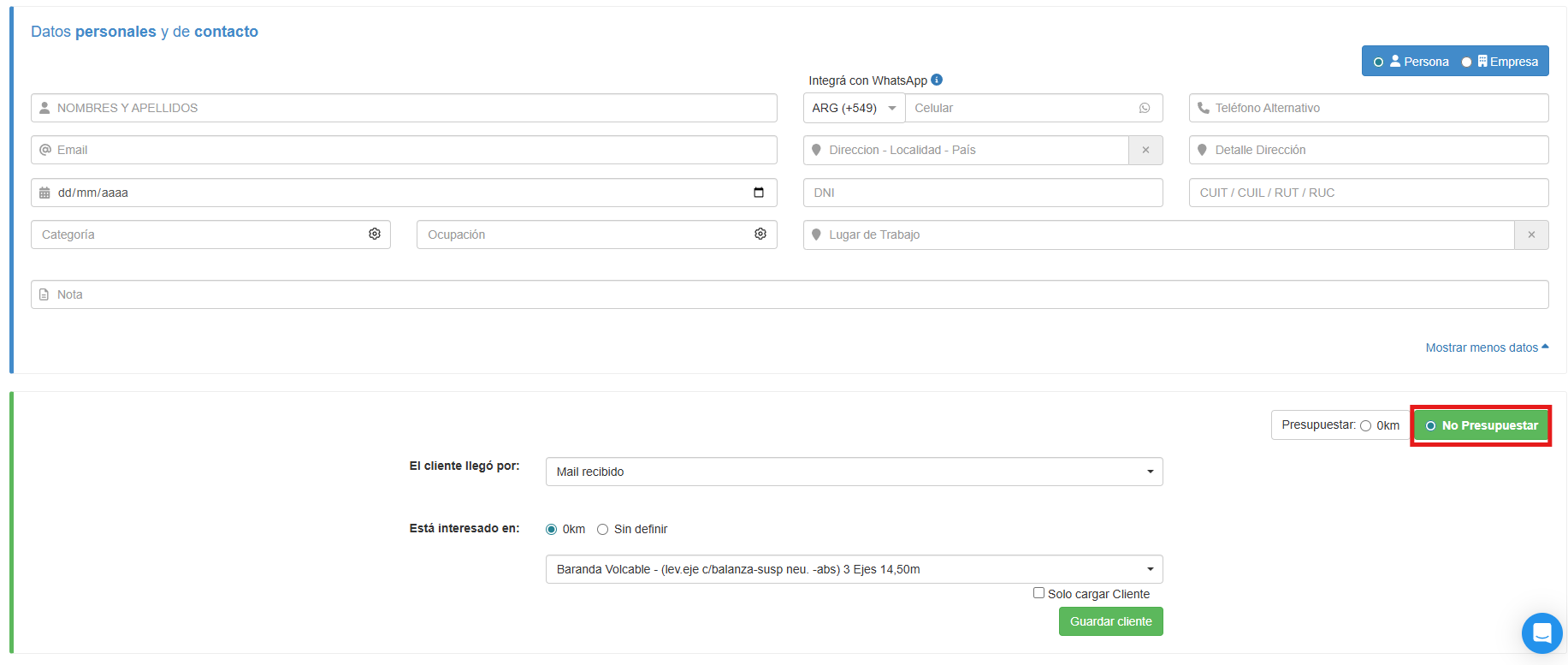 Creacion de oportunidad sin presupuestar en Tecnom Nubux